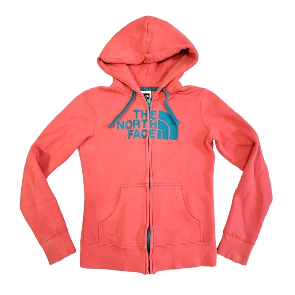 The North Face Womens XS 4 Embroidered Zip Hoodie Fleece Lined Coral Teal Jacket - Picture 1 of 15